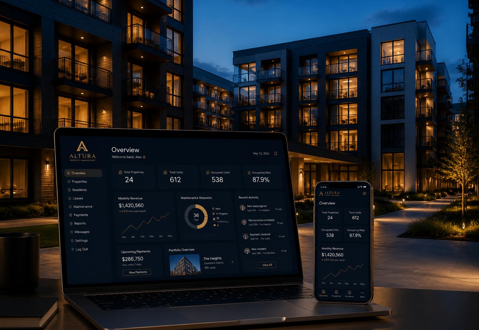 Modern site ve yönetim panelinin bilgisayar ile telefonda görünümü